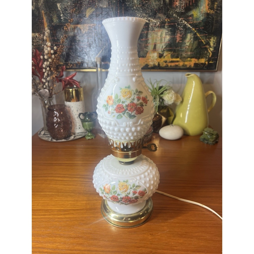 Vintage White Hobnail Floral Glass Table Lamp, Gold Tone Base, Corded, Knob
